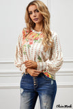 Deanwangkt - Apricot Round Neck Floral Print Balloon Sleeve Blouse