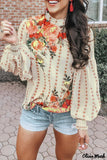 Deanwangkt - Apricot Round Neck Floral Print Balloon Sleeve Blouse