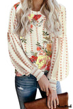 Deanwangkt - Apricot Round Neck Floral Print Balloon Sleeve Blouse