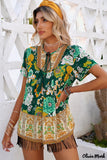 Deanwangkt - Green Bohemian Floral Print Short Sleeve Blouse