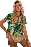 Deanwangkt - Green Bohemian Floral Print Short Sleeve Blouse