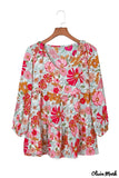 Deanwangkt - Floral Print Ruched Babydoll V-Neck Blouse