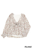 Deanwangkt - Brown Floral Ruffle Long Sleeve Blouse