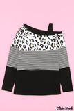 Deanwangkt - Black Leopard Stripe Stand Collar Long Sleeve Blouse