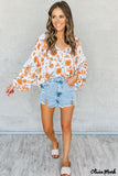 Deanwangkt - Orange Floral Print V-Neck Slit Dolman Blouse