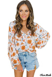 Deanwangkt - Orange Floral Print V-Neck Slit Dolman Blouse