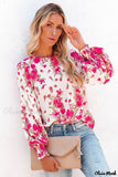 Deanwangkt - Pink floral blouse with round neck and bishop sleeves