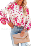 Deanwangkt - Pink floral blouse with round neck and bishop sleeves