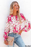 Deanwangkt - Pink floral blouse with round neck and bishop sleeves