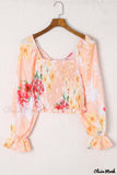 Deanwangkt - Nude Floral V-Neck Smocked Bishop Sleeve Top