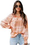 Deanwangkt - Orange round neck bohemian print blouse with drawstring