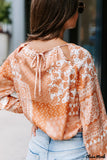 Deanwangkt - Orange round neck bohemian print blouse with drawstring