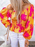 Deanwangkt - Yellow Floral Print Off Shoulder Puff Sleeve Blouse