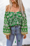 Deanwangkt - Green Floral Print Tie Shoulder Blouse