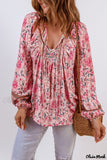 Deanwangkt - Pink Floral Print Drawstring Babydoll Blouse