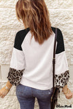 Deanwangkt - Black Waffle Knit Leopard Long Sleeve Twist Knot Blouse