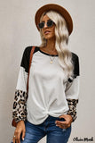 Deanwangkt - Black Waffle Knit Leopard Long Sleeve Twist Knot Blouse