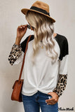 Deanwangkt - Black Waffle Knit Leopard Long Sleeve Twist Knot Blouse