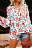 Deanwangkt - Red Floral Patchwork Split Neck Bubble Sleeve Blouse