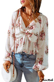 Deanwangkt - Beige Floral V-Neck Balloon Sleeve Twist Front Blouse