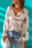 Deanwangkt - Beige Floral V-Neck Balloon Sleeve Twist Front Blouse