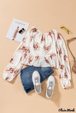 Deanwangkt - Beige Floral V-Neck Balloon Sleeve Twist Front Blouse