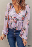 Deanwangkt - Beige Floral V-Neck Balloon Sleeve Twist Front Blouse