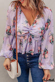 Deanwangkt - Beige Floral V-Neck Balloon Sleeve Twist Front Blouse