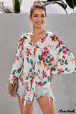 Deanwangkt - Multicolor Floral Print Deep V-Neck Tie Front Blouse