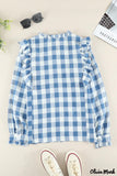 Deanwangkt - Sky blue checked ruffled button-down shirt