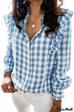 Deanwangkt - Sky blue checked ruffled button-down shirt