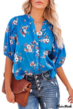 Deanwangkt - Blue Floral Print Button Up Puff Sleeve Blouse