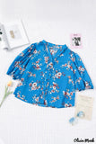 Deanwangkt - Blue Floral Print Button Up Puff Sleeve Blouse