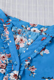 Deanwangkt - Blue Floral Print Button Up Puff Sleeve Blouse