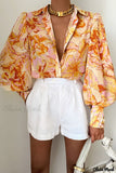 Deanwangkt - Chic Floral Yellow Bishop Sleeve Blouse