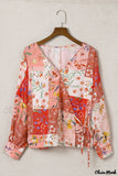 Deanwangkt - Multicolor Patchwork Floral Print V-Neck Wrap Blouse