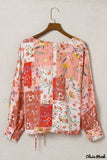 Deanwangkt - Multicolor Patchwork Floral Print V-Neck Wrap Blouse