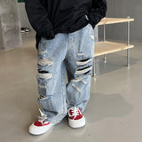 deanwangkt Spring Kids Trousers Boys Fashion Ripped Jeans Baby Girls Loose Casual Denim Pant