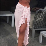 deanwangkt Women Chiffon See-Through Beach Bikini Cover Up Wrap Scarf Swimwear Pareo Sarong Dress Solid Ruffle Casual Beach Dress