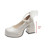 deanwangkt New Pearls Strap Square Heels Pumps Women Shoes Fashion Pu Leather Platform Mary Janes Woman High Heels Party Wedding Shoes