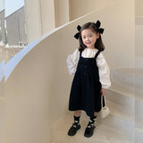 deanwangkt Girls spring fashion white blouse and black overalls dress Kids all-match Outfits 2pcs sets