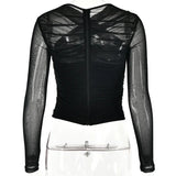 deanwangkt Spring Summer Women Sexy Daily Wear Cold Shoulder Sheer Mesh Lace Blouse Long SLeeve Black Shirt Casual