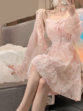 2 Piece Dress Set Women Floral Mini Dress + Casual Blouse Korean Fashion Suits Kawaii Clothing Lolita Dress Party Summer