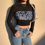 deanwangkt Patchwork Leopard Furry Long Sleeve T-shirt Autumn Casual Korean Basic Crop Top T Shirt Women 90s Blue Black Tees Y2K aesthetic