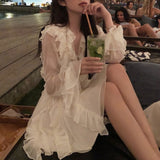 deanwangkt  Women Summer Fairy V Neck White Dress Mini Female Sweet Ruffles Casual Clothes Boho Short Chiffon Elegant Holiday Beach Dresses