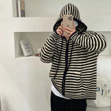 deanwangkt Autumn Winter Red Stripes Hooded Knit Cardigan Woman Korean Fashion Loose Casual Sweater Zipper Coat Oversized Long Sleeve Top