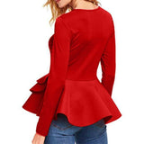 Wenkouban Long Sleeve White Ruffle Hem T-Shirt Autumn Women Tops Office Lady Winter Casual Peplum Tops Elegant Black Red Female New Tees