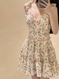 Casual Beach Straps Dress Women Slim  Summer Sweet Elegant Y2k Mini Dress Fairy Sleeveless Floral One Piece Dress Korean