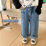 deanwangkt Spring Unisex Kids fashion all-match straight jeans 1-8Years boys trousers girls loose denim pants