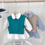 deanwangkt Spring Autumn Baby Girls Sweet Candy Color  Knitting Sweater Vest  Shirts Clothing Sets Children Korean Blouse Vest Outfits